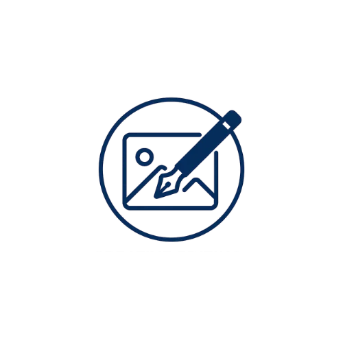 Minimal blue line icon showing an image with a mountain and sun, overlaid by a fountain pen, enclosed in a circle—symbolizing content creation for social media platforms.