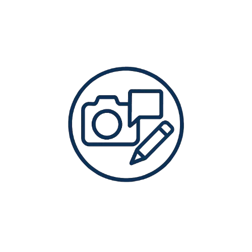 Minimal line art icon of a camera, speech bubble, and pencil inside a circle representing creative editing and retouching services.