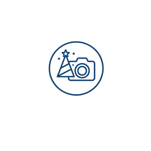 Minimal blue line icon for event photography featuring a party hat and camera inside a circular frame — symbolizing celebration and candid moments