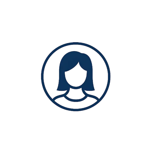 Minimal blue portrait photography icon showing a woman’s silhouette inside a circular frame — symbolizing headshot or studio sessions