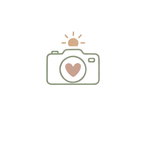 Logo design for The Rose Camera featuring a charming camera with a heart in the lens and a sun above, reflecting the brand’s warm and heartfelt approach to lifestyle photography.
