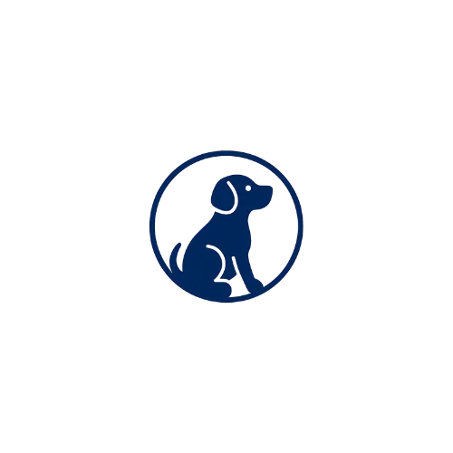 Simple blue silhouette of a sitting dog enclosed in a circle, representing pet photography services.