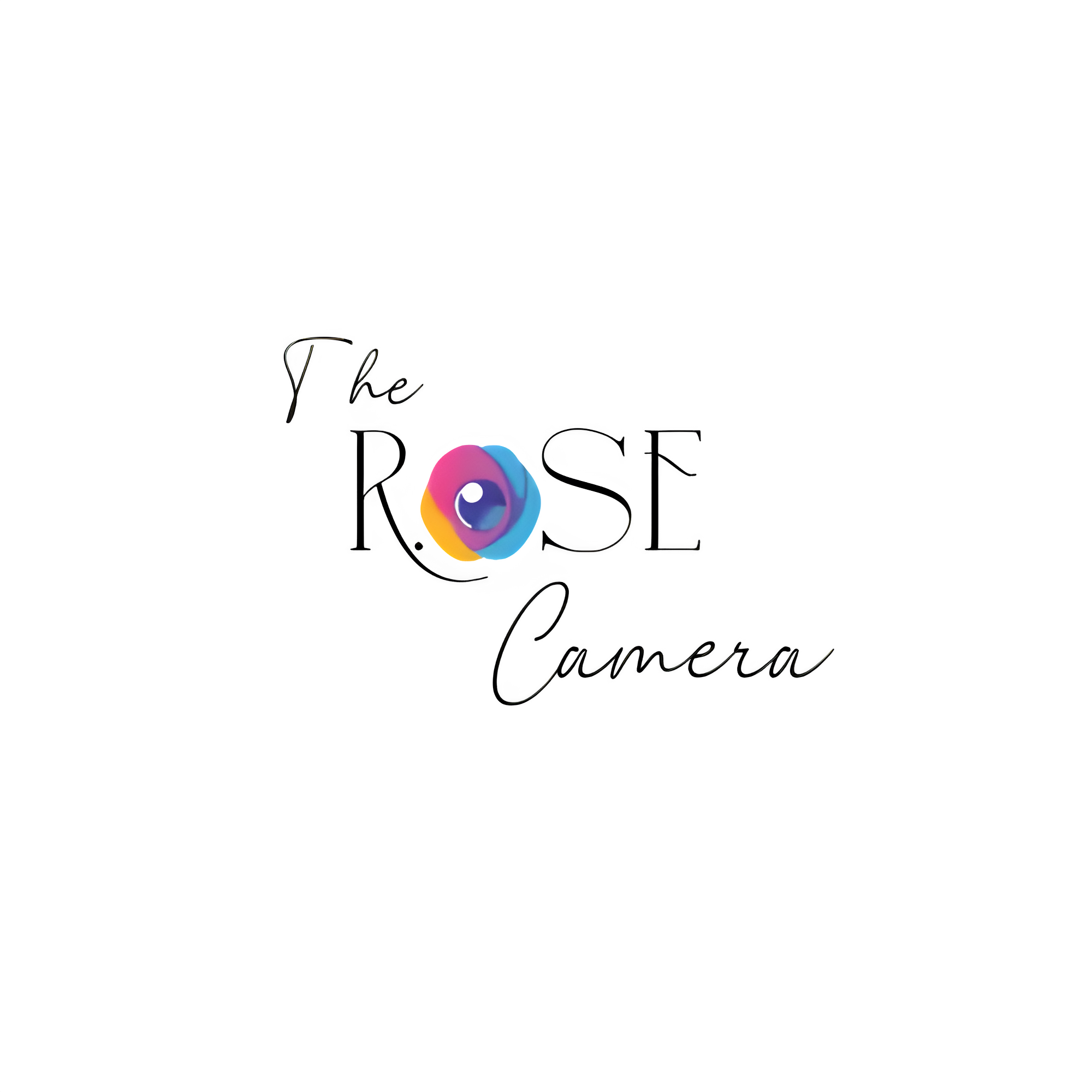 Logo of The Rose Camera, a vibrant rose-shaped camera lens in pink, yellow, and blue gradient, representing a creative and inclusive photography brand